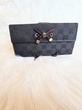 Gucci Black GG Canvas &Leather Princy GG Bow Accent  Continental Wallet Pristine
